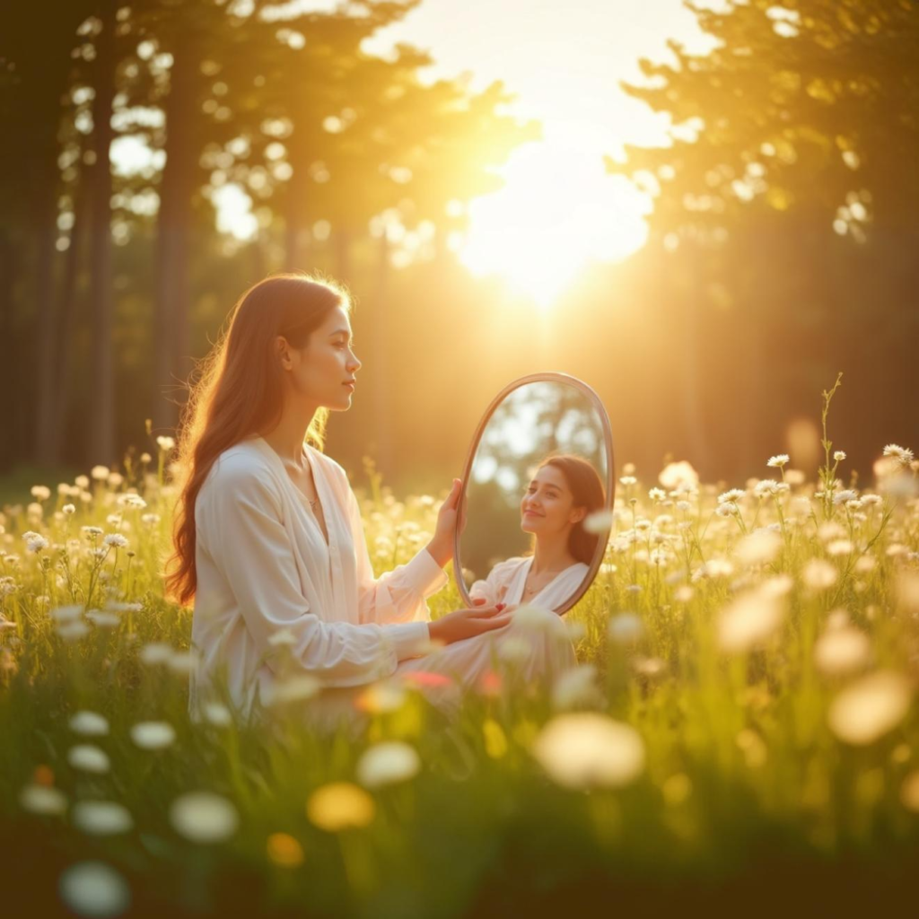A woman holding a mirror in a field of flowers and contemplating serenely at sunset is a symbol of emotional transformation, self-awareness, and inner healing.