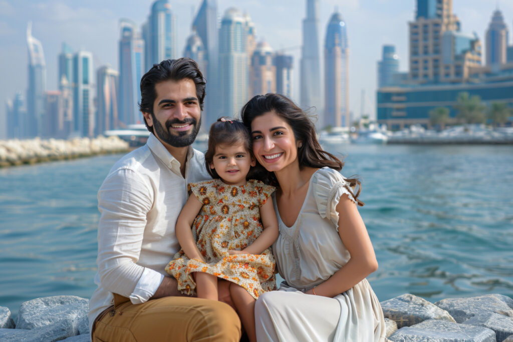 Love, connection, and an urban lifestyle are symbolized by this happy young Indian family sitting by the waterfront with the city skyline in the background